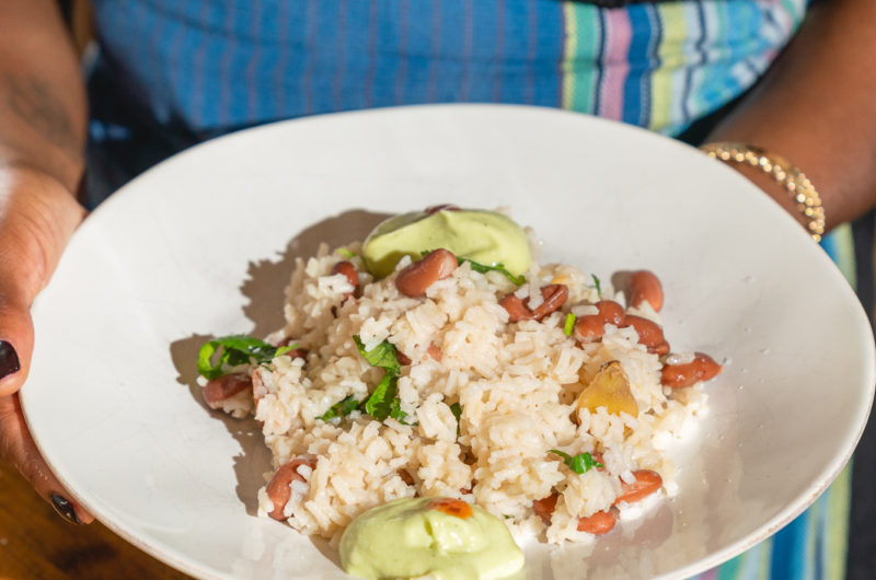 One pot red beans with cilantro rice and coconut avocado cream