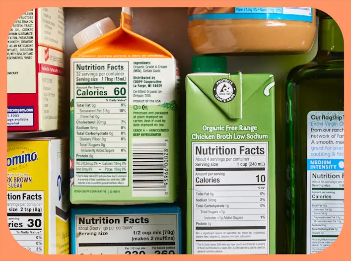 Nutrition Facts labels on a food package, highlighting serving size, calories, and nutrient information.
